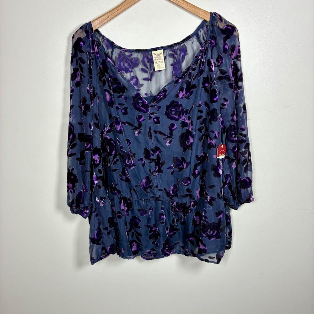 Women's Purple Floral Velvet Burnout Blouse
